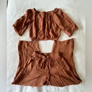 Michael Stars 2piece Rust Off-Shoulder Top and Wide-Leg Pants Set